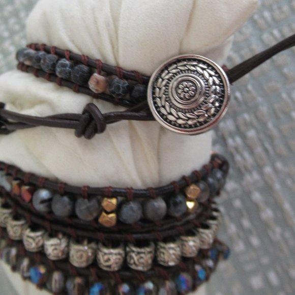 NAKAMOL Faceted Crystal Natural Stones Beads and Leather Mix Wrap Bracelet Black - Picture 3 of 6